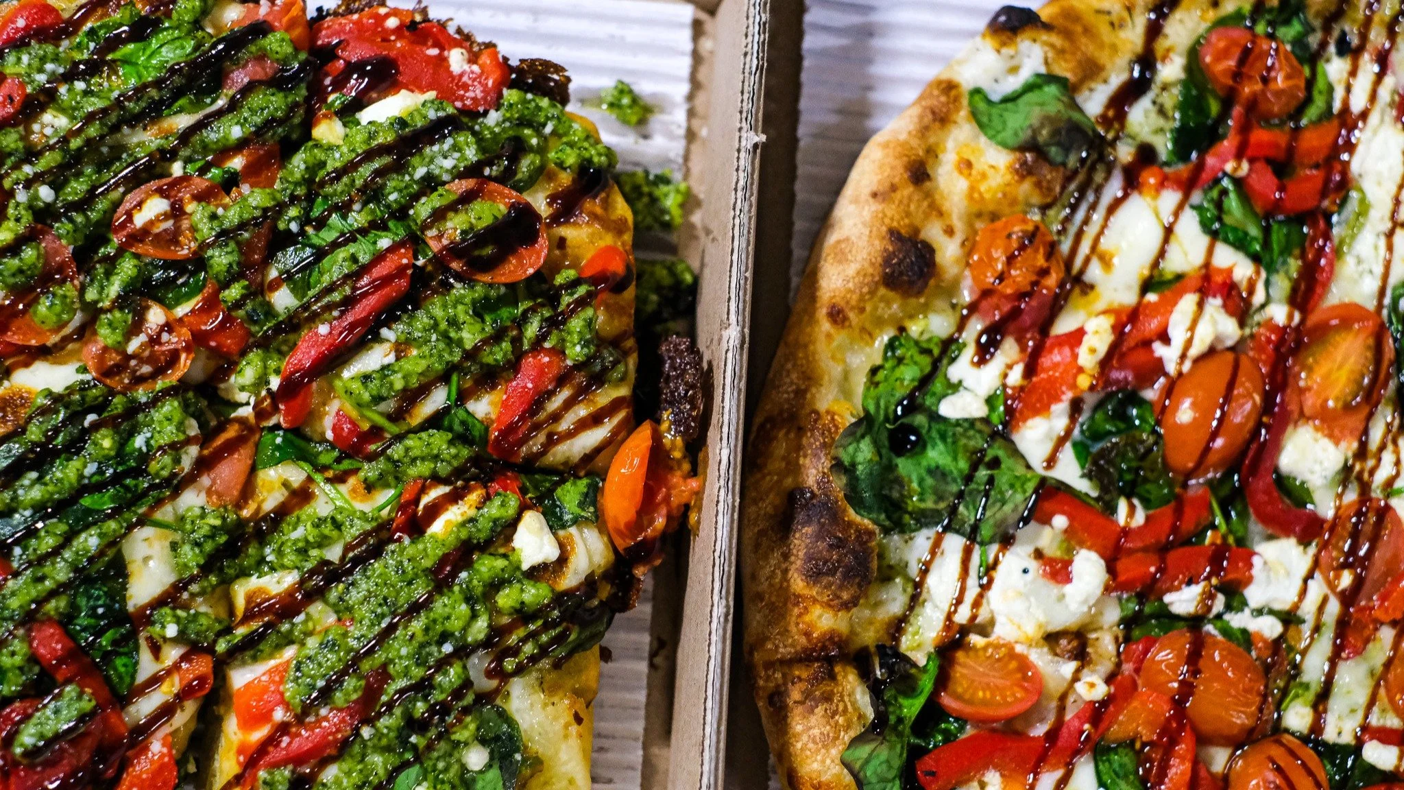 🚨 New Pizza Alert 🚨

🍕 Drivin' Me Caprese: Pesto, shredded &amp; fresh mozzerella, cherry tomatoes, roasted red peppers, spinach, goat cheese, finished with a drizzle of balsamic. 

🔥 Available on both Neapolitan &amp; Detroit style crusts!