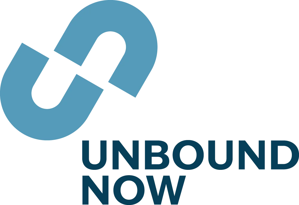 Logo with two interlocked blue shapes above the text 'UNBOUND NOW' in bold black and blue letters. Breaking chains.