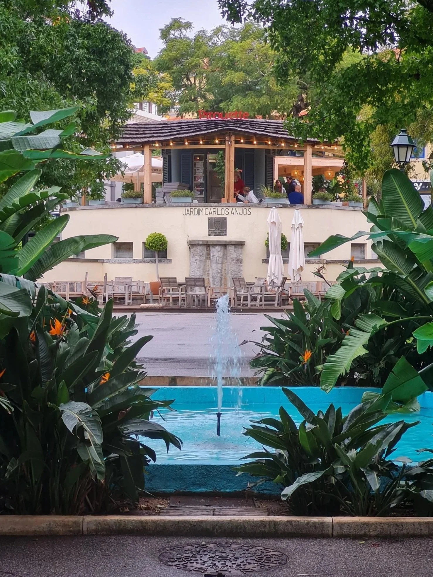 A small fountain in the foreground surrounded by lush green plants. In the background, there is a building with a terrace, outdoor seating, and a sign that reads 'Jardim Carlos Anjos'.