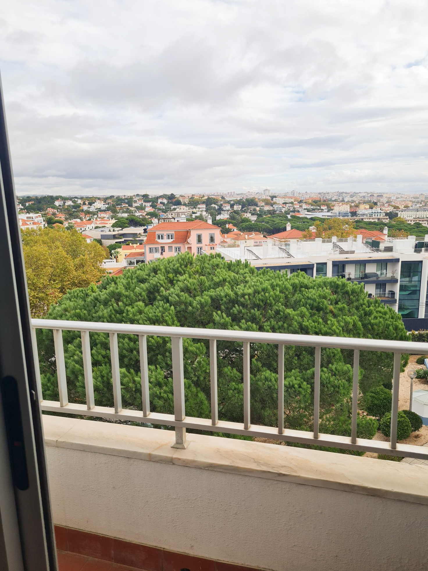 View from a balcony showing a large green tree, rooftops of various houses and buildings, and a cloudy sky in the background.