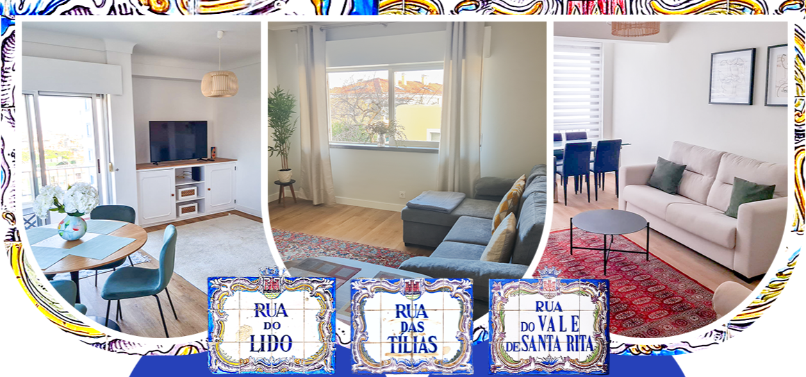 Collage of three interior room photos with decorative street sign labels at the bottom. The first room has a round dining table with four chairs, a TV on a white cabinet, and a sliding glass door. The second room features a window with curtains, a gray sofa with cushions, and a potted plant. The third room shows a white sofa, a red patterned rug, a small round coffee table, a dining table with chairs, and wall art. The signs read "Rua do Lido," "Rua das Tílias," and "Rua do Vale de Santa Rita."