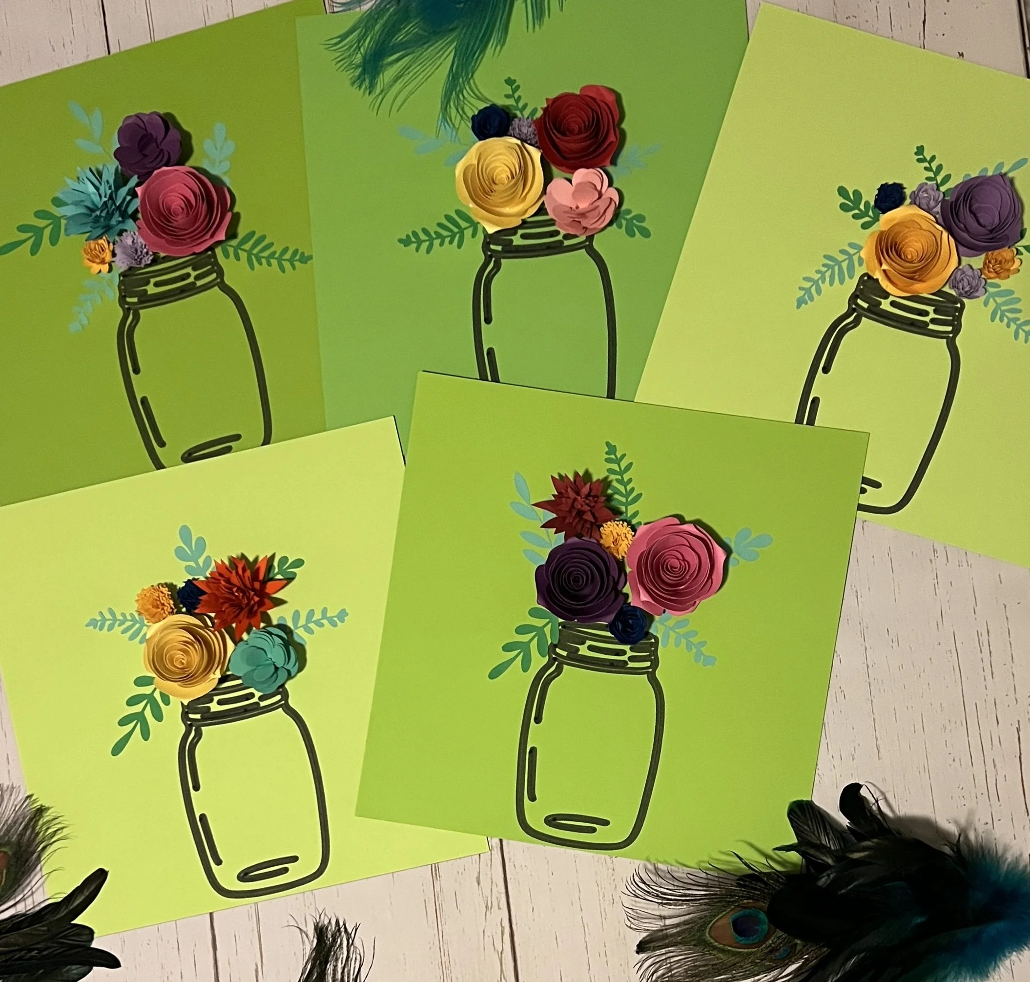 Crafts of colorful paper flowers arranged in a mason jar illustration on green card stock.