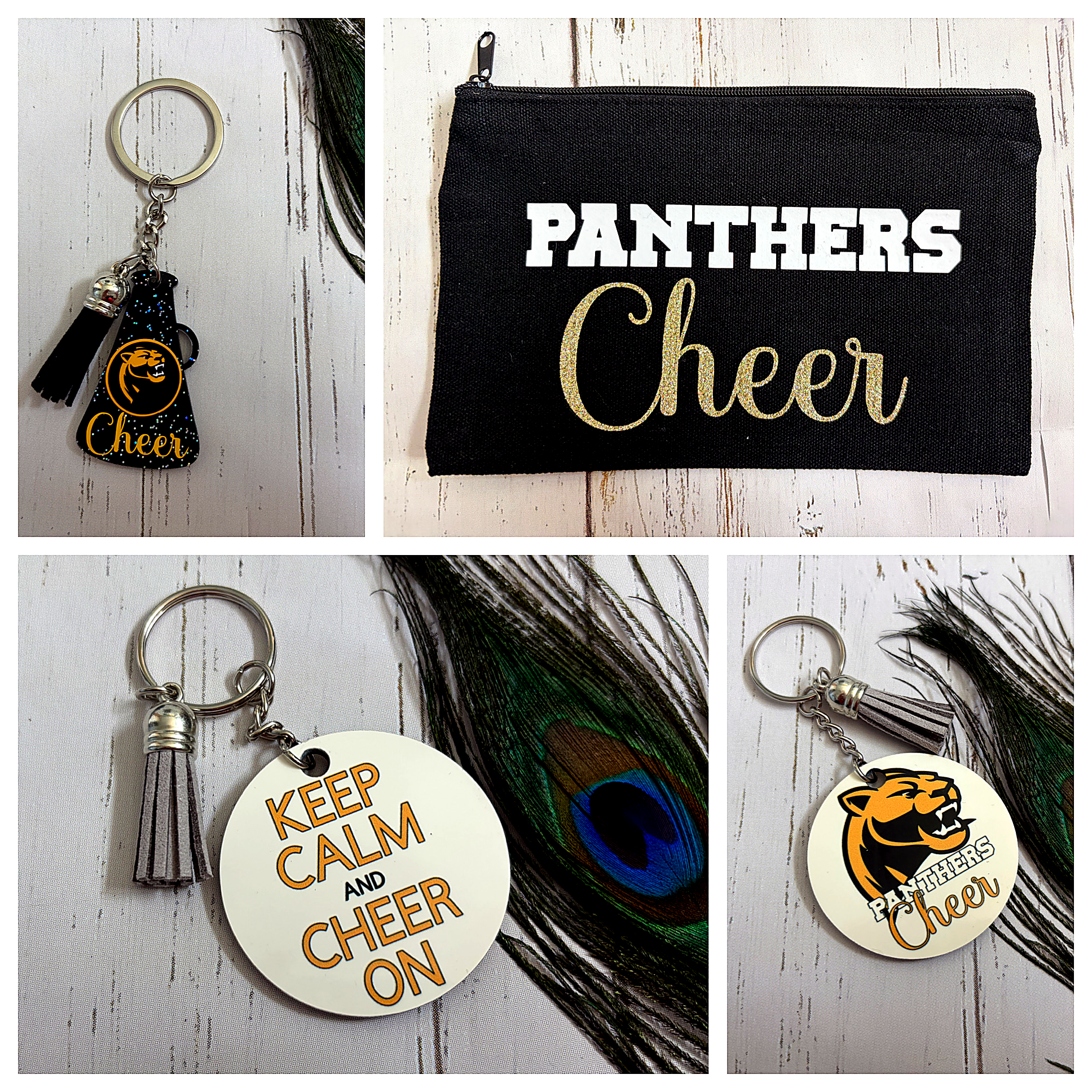 Cheerleading-themed keychains and a pouch with 'Panthers Cheer' text, with a peacock feather on a white wooden surface.