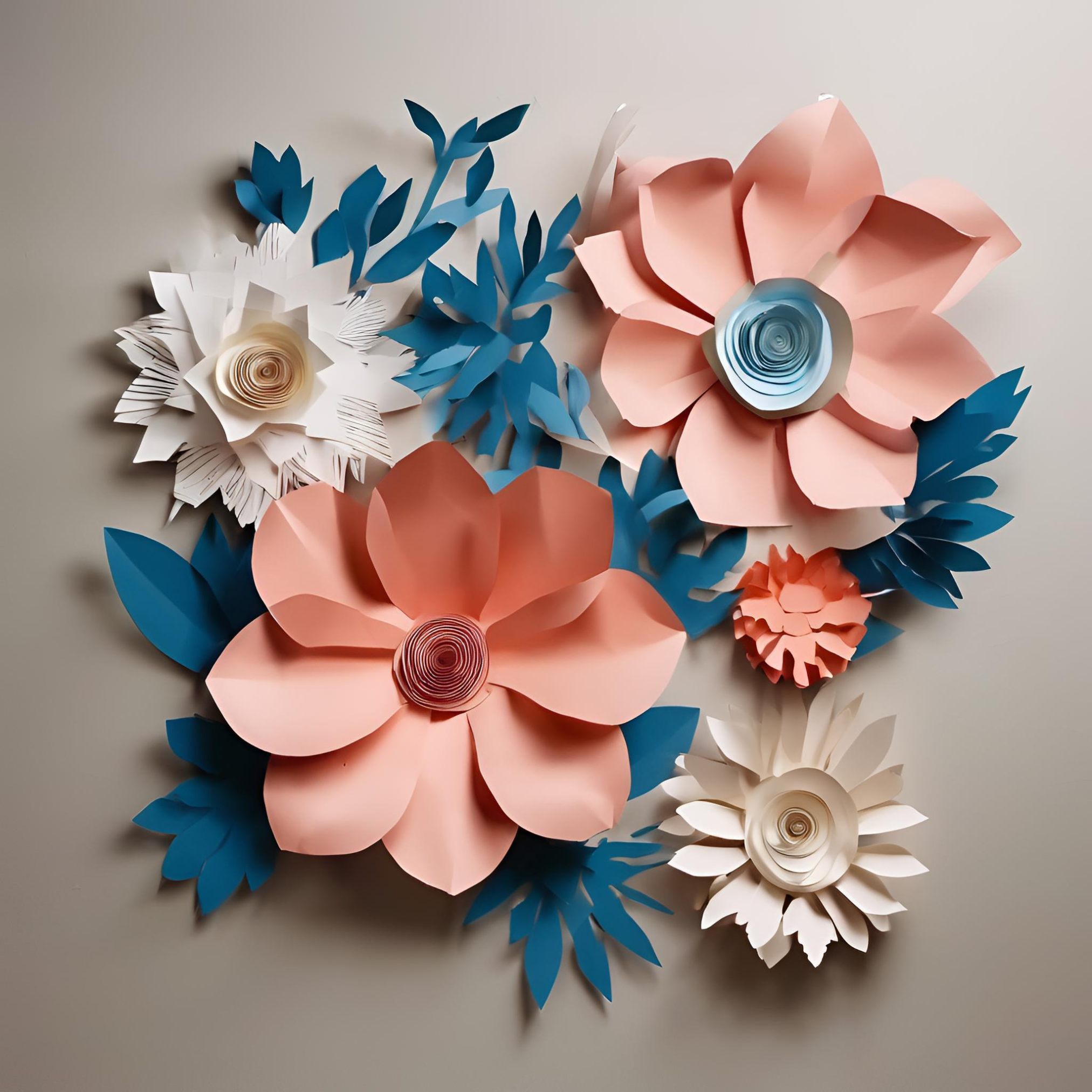 Colorful paper flower wall art with large pink, white, and peach blossoms and blue leaves on a light background.