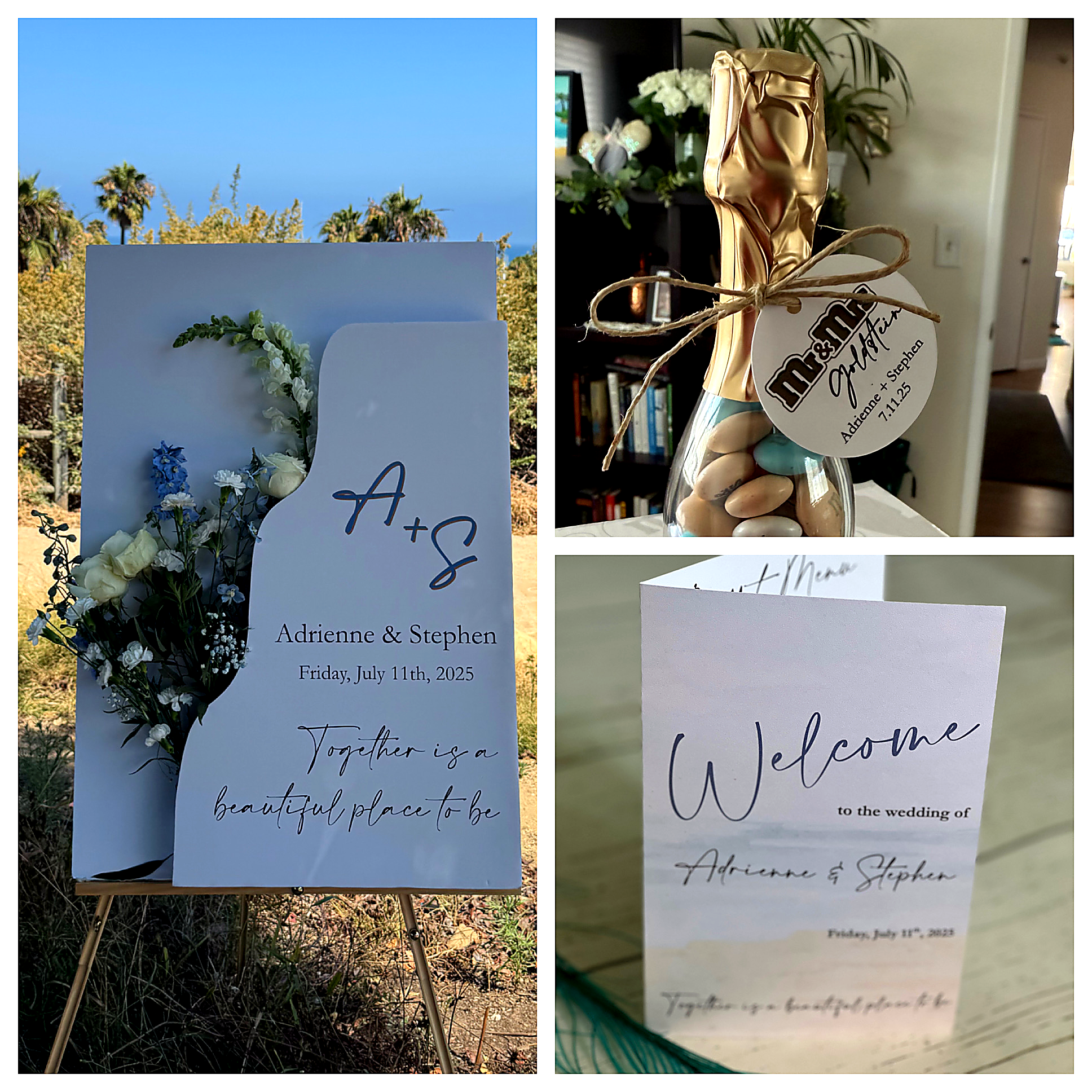 A wedding sign with outdoor scenery featuring trees and clear blue sky, decorated with flowers and reading, "Adrienne & Stephen, Friday, July 11th, 2025, Together is a beautiful place to be." Another image shows a small glass bottle filled with choco