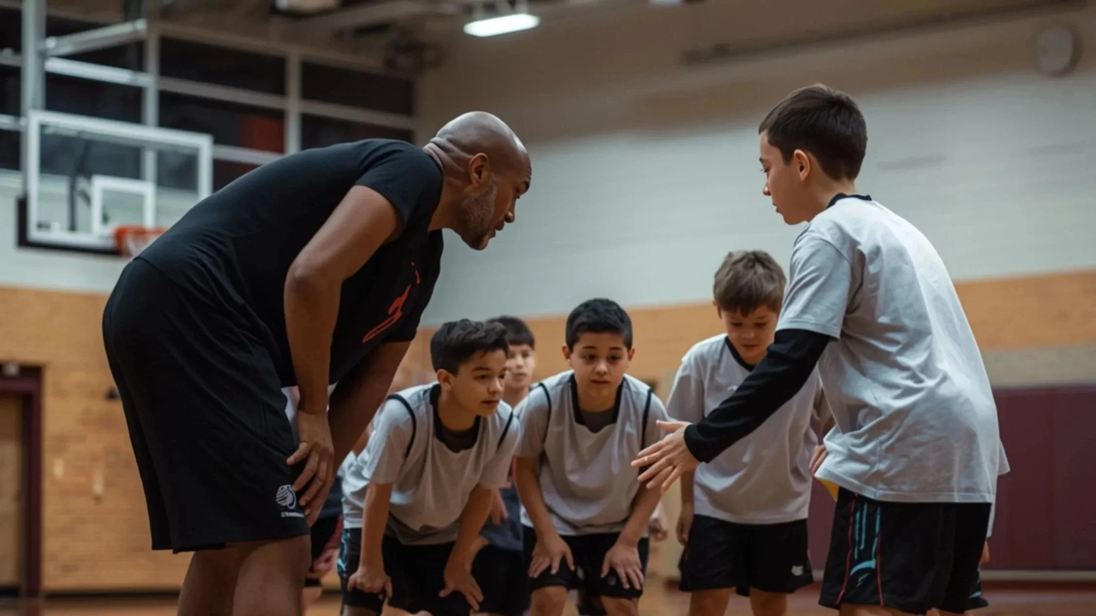 Ultimate Goal Book A basketball coach giving instructions to young boys during a practice in a gymnasium.