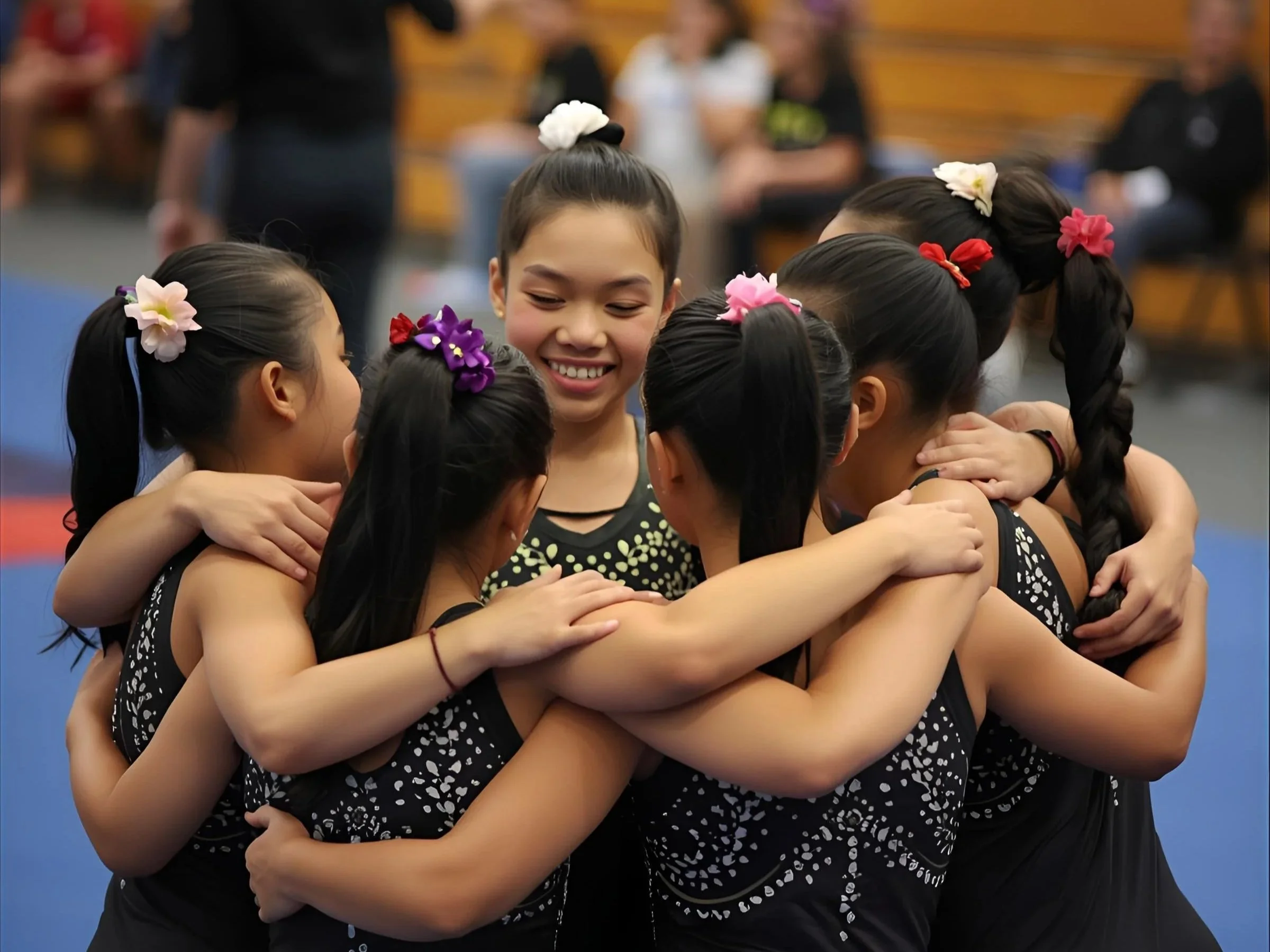 Ultimate Goal Book A group of young female gymnasts with ponytails and colorful hair accessories hugging each other in a circle, smiling in a gymnasium.