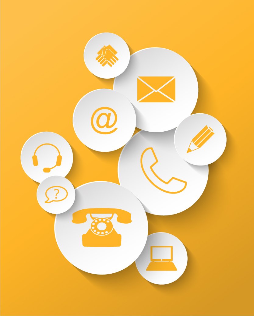 Collection of communication icons including a handshake, email, @ symbol, headsets, question mark, landline phone, pencil, laptop, and smartphone on an orange background.