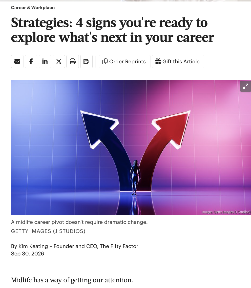 A woman stands at a fork in the road with one arrow pointing left and the other right, signifying a career decision.