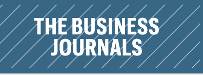 Blue background with diagonal white lines, text reads 'The Business Journals' in bold white font.