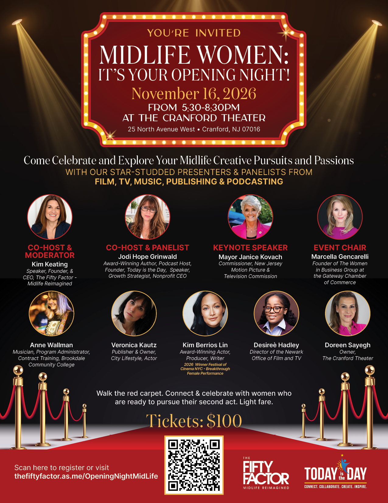 Event invitation poster for 'Midlife Women: It's Your Opening Night!' on November 16, 2026, at the Cranford Theater, featuring a red and yellow-themed design with spotlights, photos and bios of speakers and panelists, ticket price of $100, and a QR code for registration.