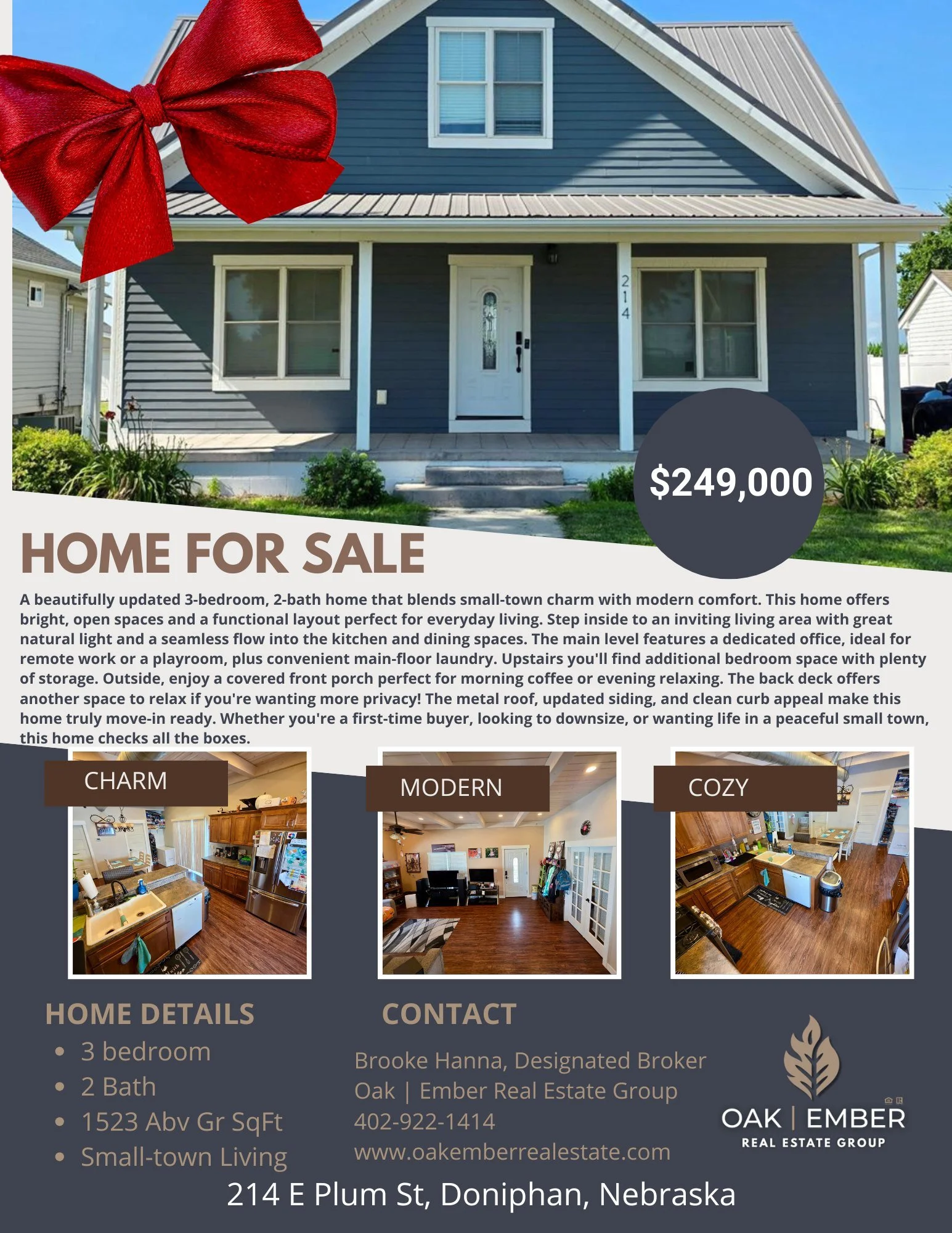 Welcome to 214 E Plum in Doniphan, Nebraska! A beautifully updated 3-bedroom, 2-bath home that blends small-town charm with modern comfort. This home offers bright, open spaces and a functional layout perfect for everyday living. Step inside to an in