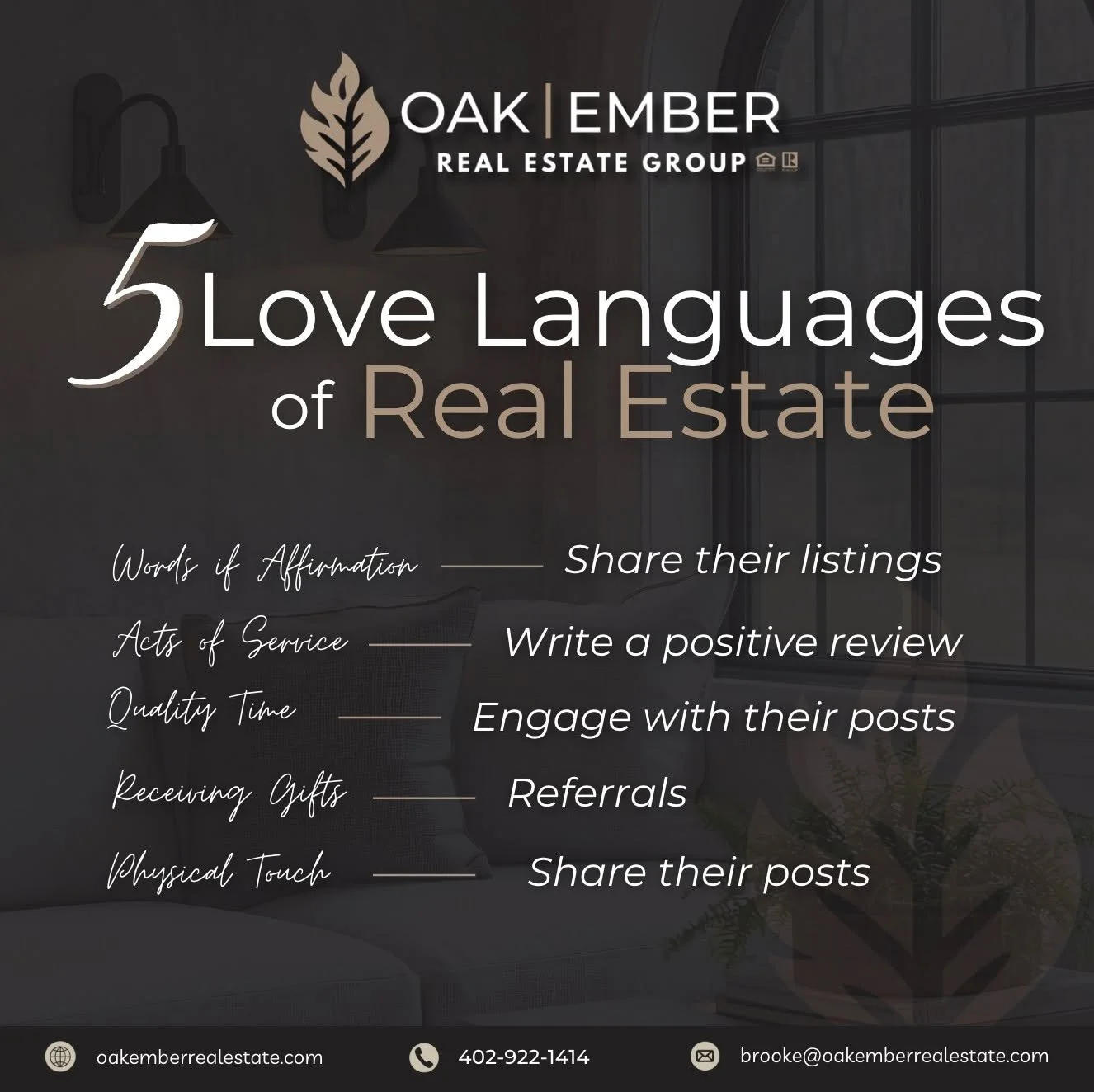 Everyone has a love language &mdash; even in real estate 🤍
From sharing listings to sending referrals, these simple actions mean more than you know and help us continue doing what we love for our community.

Which one is your love language?

#OakEmb