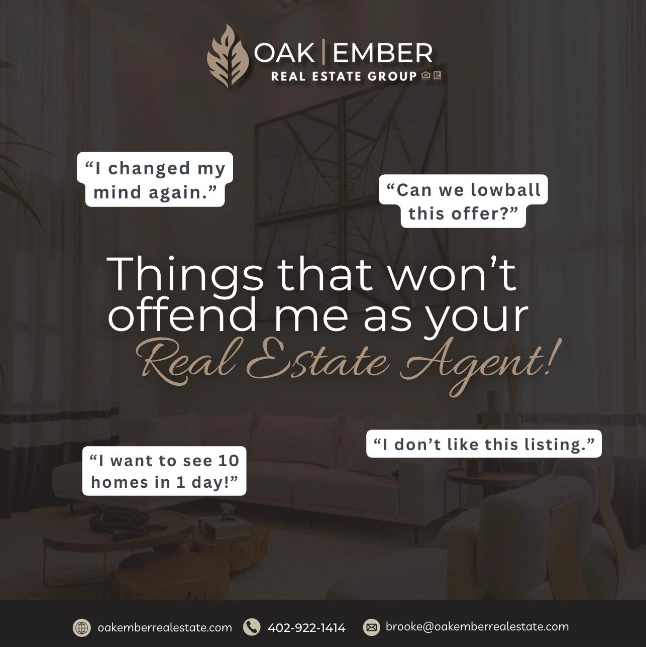 Things that won&rsquo;t offend me as your Realtor&hellip; 😅🏡⁠
⁠
Changing your mind? Totally normal.⁠
Want to see all the options? Let&rsquo;s go.⁠
Not loving a house? Good&mdash;we&rsquo;ll find one you do.⁠
Thinking about your offer strategy? That