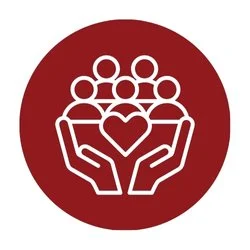 Icon of two hands holding a group of people with a heart in the center, on a red circular background to represent clients served at Jericho Road Ministries in Minneapolis.