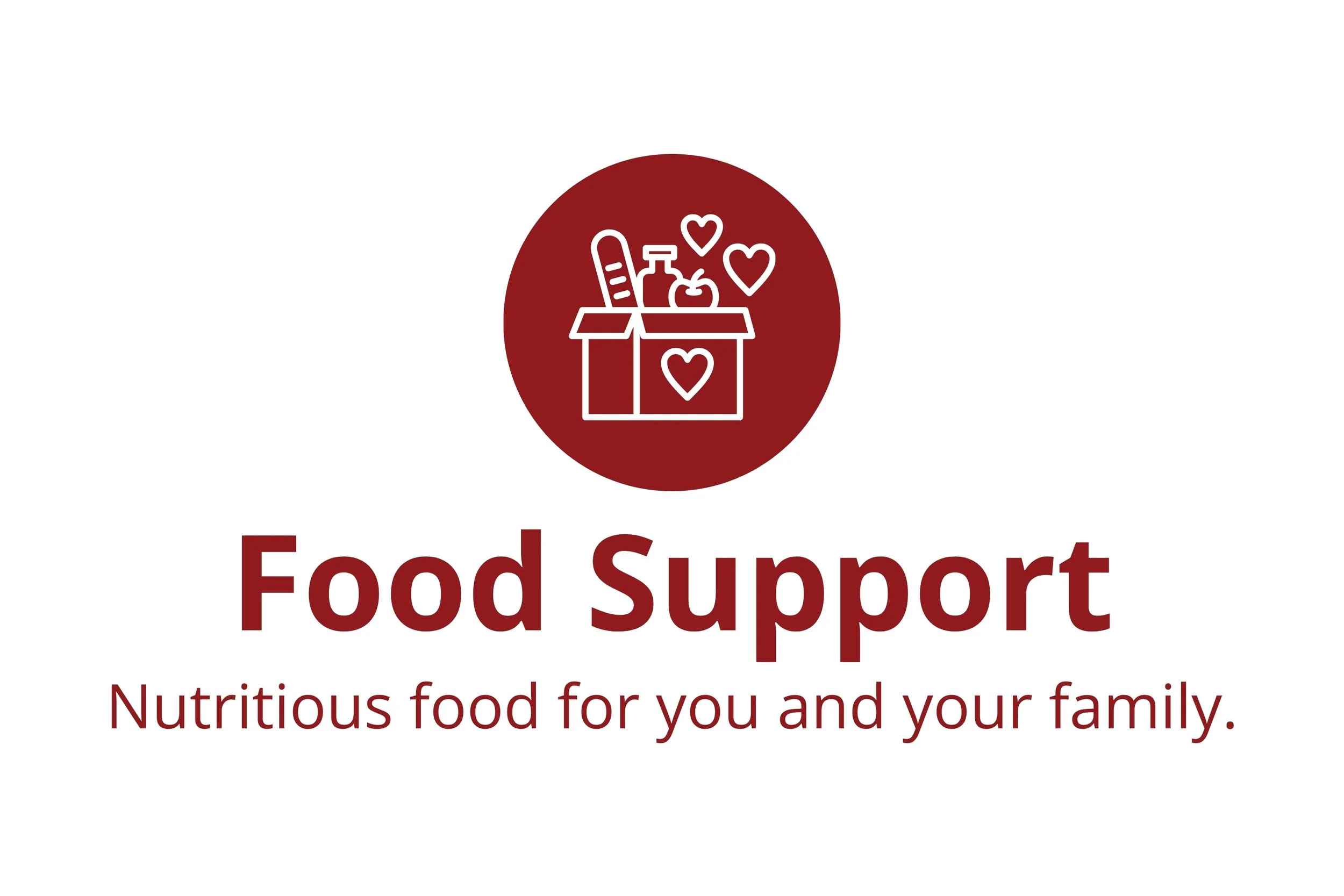 A logo with a red circle containing a line drawing of a cardboard box filled with a baguette, an apple, and a bottle, with three hearts above. Below, bold text reads 'Food Support' and smaller text says 'Nutritious food for you and your family.'