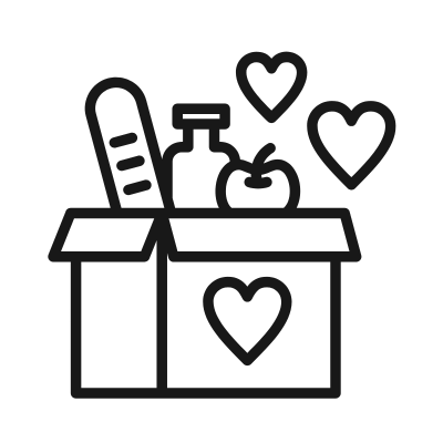 An icon that is the outline of a box with a heart on it, and inside is a loaf of bread, a bottle, an apple, and three hearts around it.