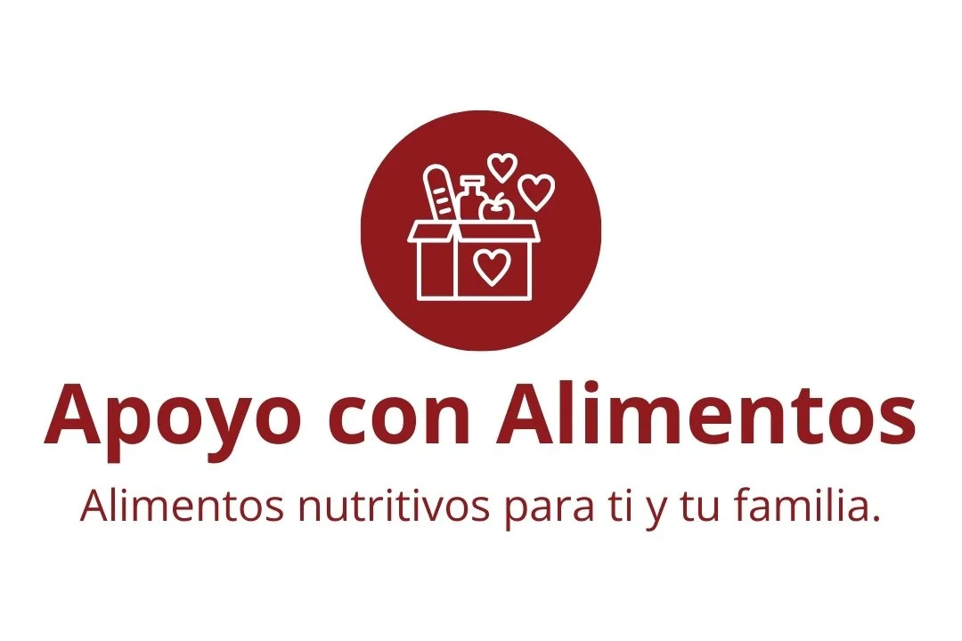 Red circle graphic containing an illustration of a box with bread, a bottle, and hearts representing a food support program. Text in Spanish says: 'Apoyo con Alimentos' and 'Alimentos nutritivos para ti y tu familia.'