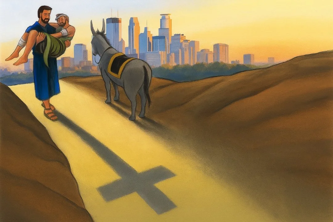 An image representing the Good Samaritan parable - a man is walking along a road, holding a man who is hurt. Their shadow is in the shape of a cross and a donkey waits alongside the road. The Minneapolis skyline is in the background.
