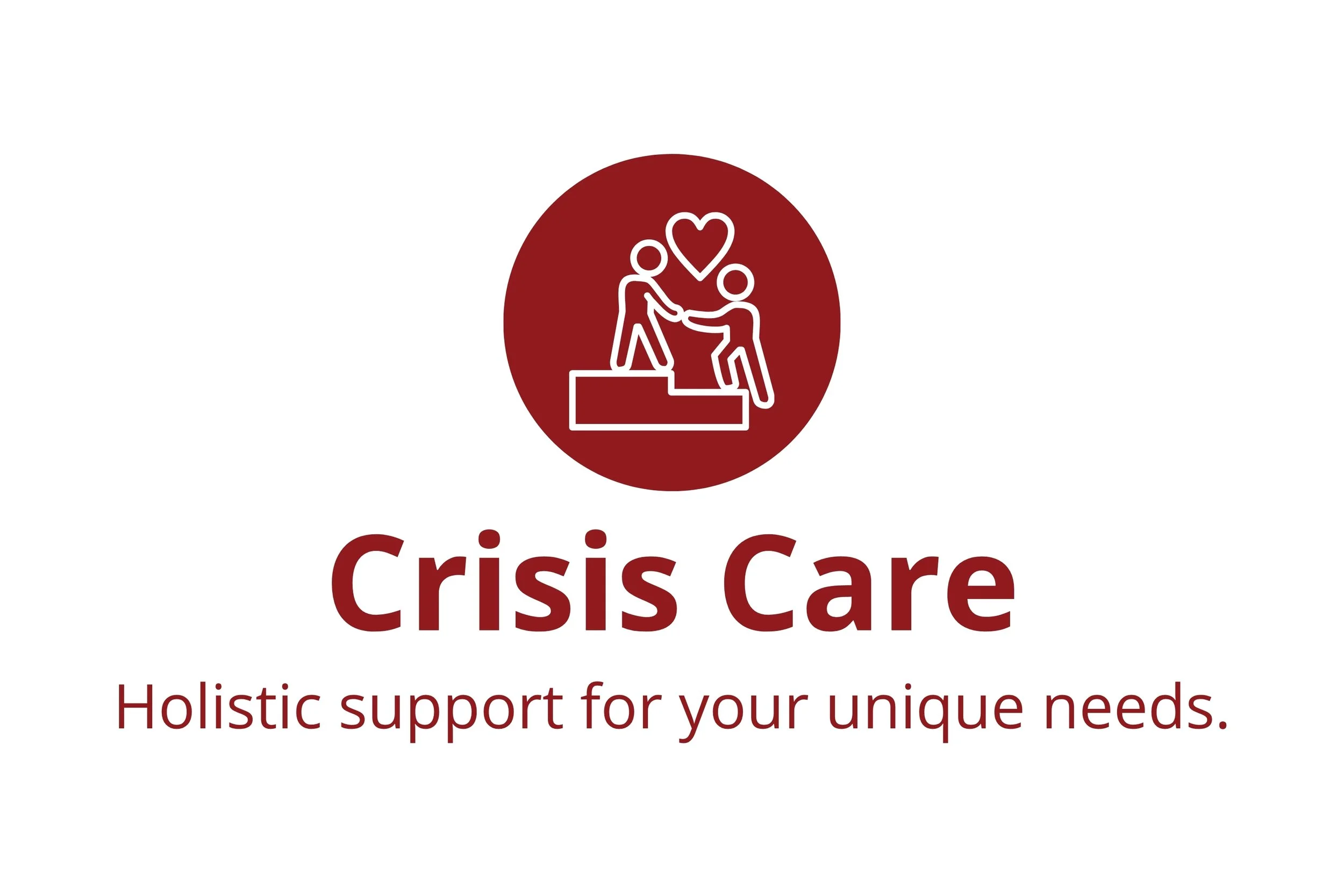 A logo with a red circle containing a line drawing of a graphic of two figures on a platform, one helping the other, with a heart above them. Below, bold text reads "Crisis Care" and smaller text says "Holistic support for your unique needs."