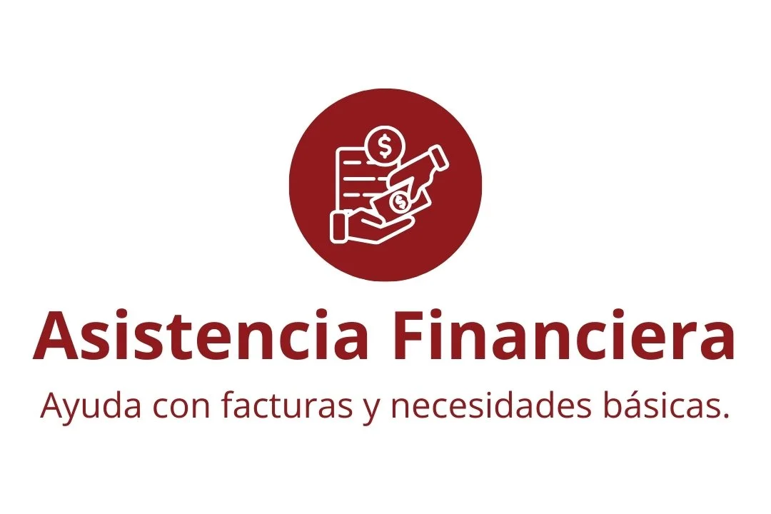 Red circle graphic containing an illustration of two hands exchanging money representing financial assistance. Text in Spanish says: 'Asistencia Financiera' and 'Ayuda con facturas y necesidades básicas'.