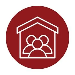 Icon of a house with three people inside, on a red circular background to represent households served at Jericho Road Ministries in Minneapolis.