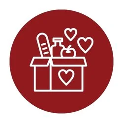 A circular icon with a red background featuring a drawing of a box with a bottle, loaf of bread, apple, and hearts to represent pounds of food distributed at Jericho Road Ministries in Minneapolis.