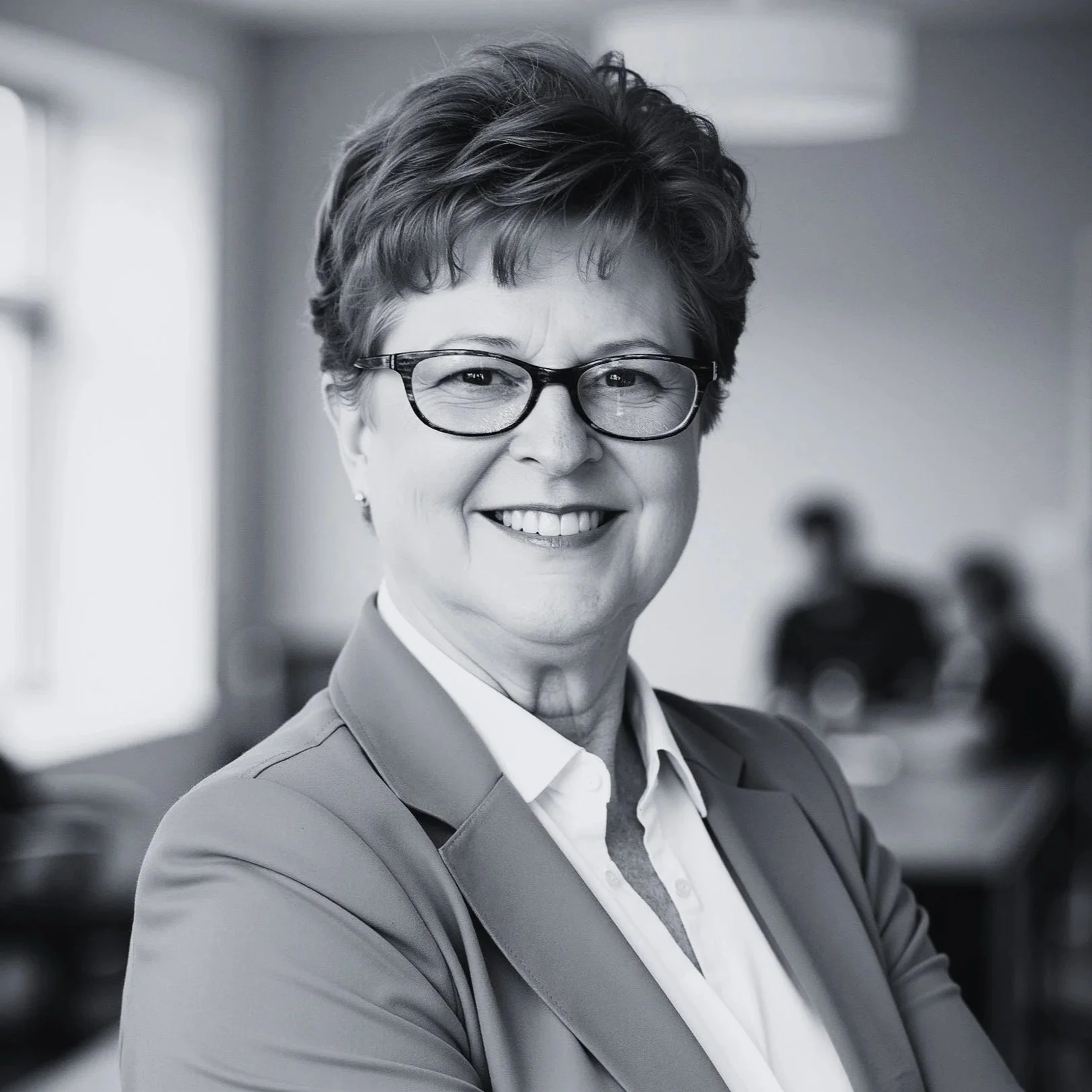 A smiling woman with short red hair, glasses, and a red blazer in an office setting.