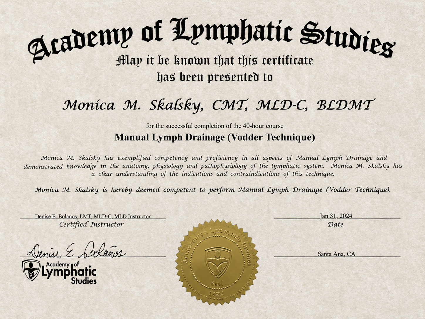 Monica Skalsky Manual Lymph Drainage Vodder Technique C-MLD certificate from Academy of Lymphatic Studies