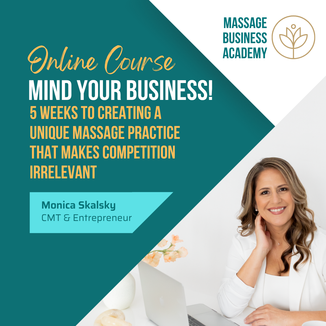 A promotional graphic for an online massage business course offering five weeks of training. The image includes a smiling woman with wavy brown hair, wearing a white blazer, sitting at a desk with a laptop, and a small flower arrangement nearby. The text highlights the course title, instructor, registration date, and benefits.