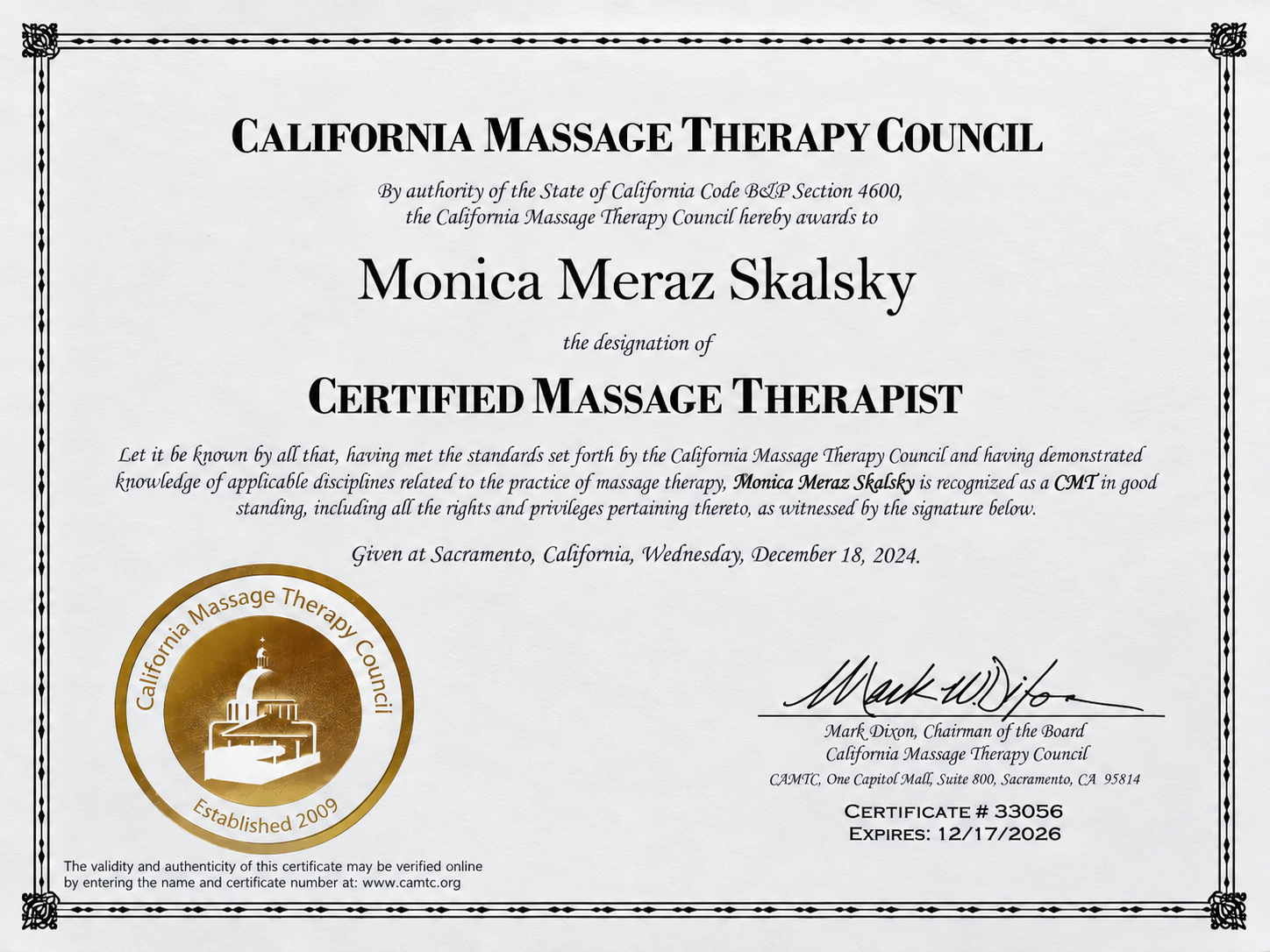 Monica Skalsky CAMTC Certified Massage Therapist certificate #33056