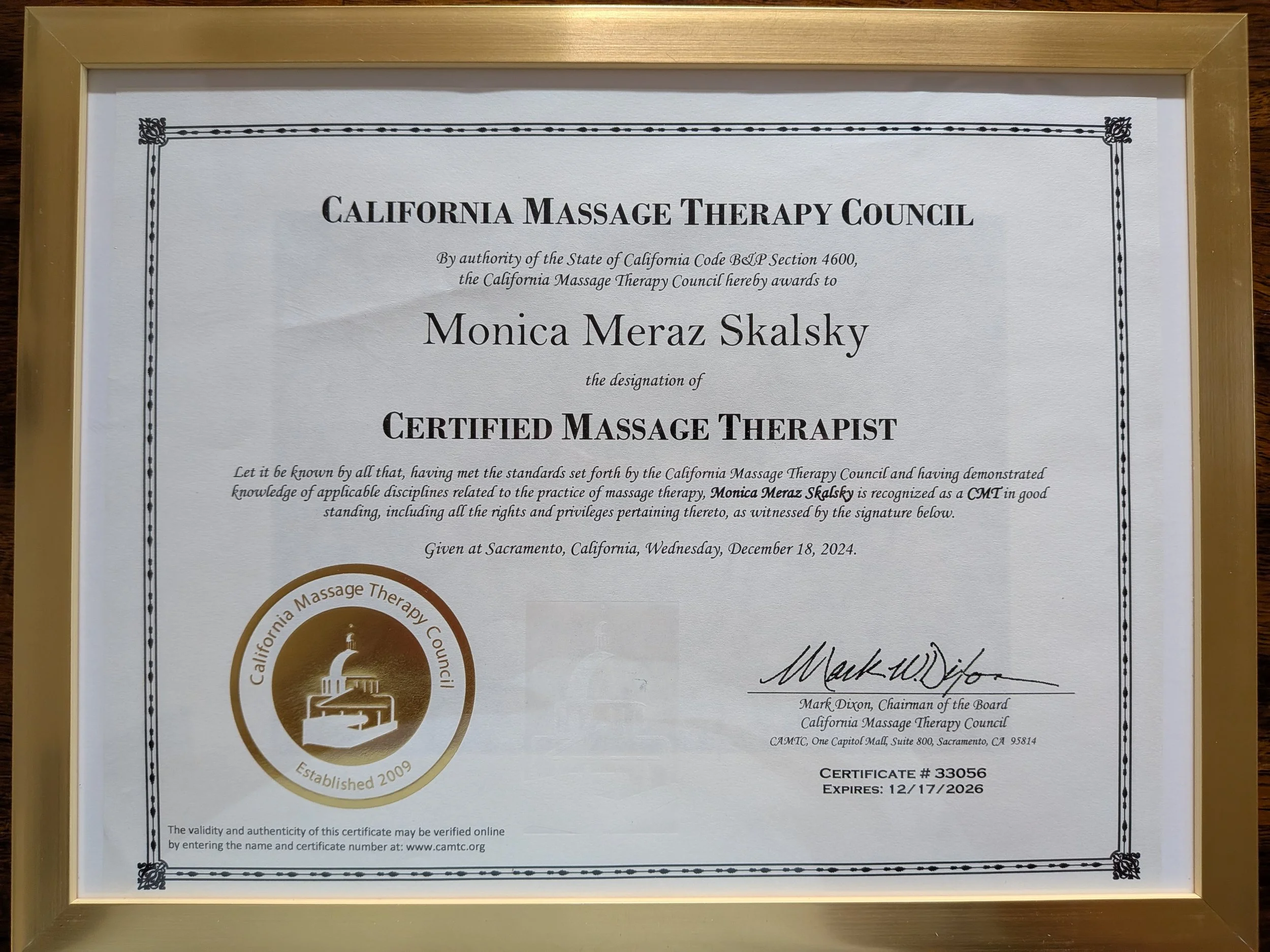 Monica Skalsky's Massage Therapy Certificate #33056 from CAMTC