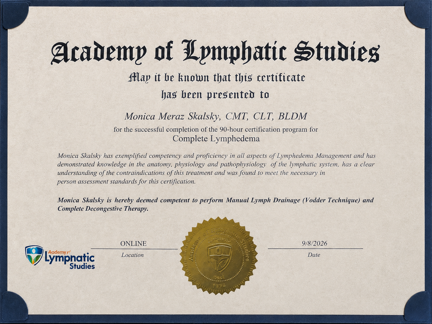 Monica Skalsky Certified Lymphedema Therapist CLT certificate from Academy of Lymphatic Studies