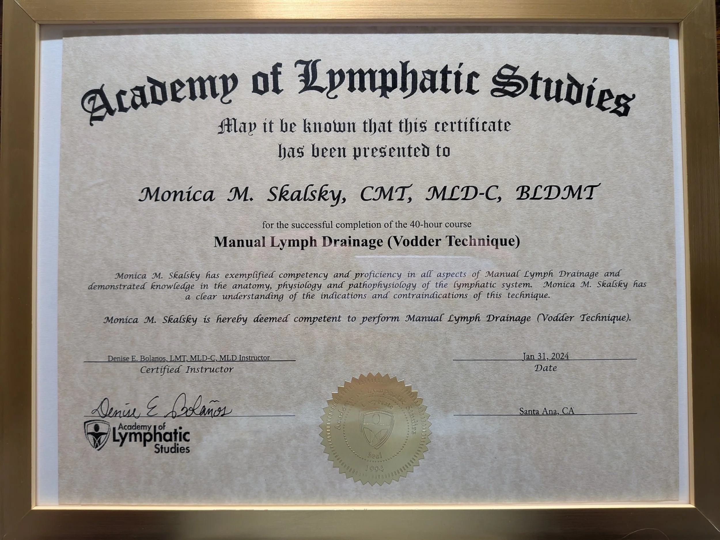 Monica Skalsky's MLD-C from Academy of Lymphatic Studies, Vodder Method