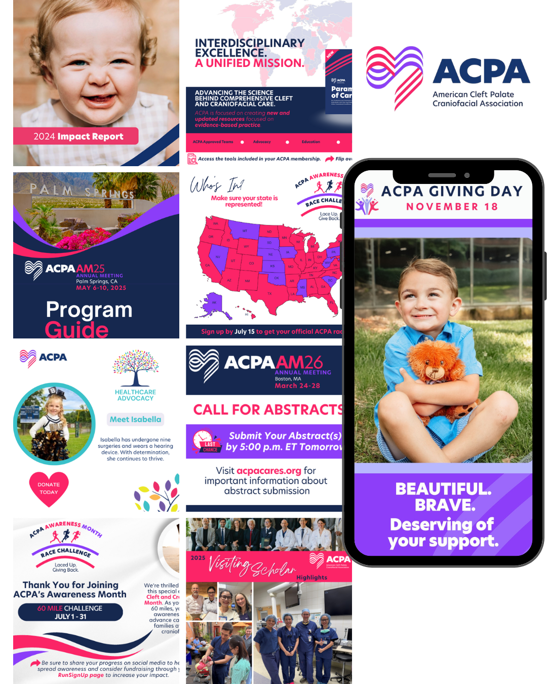 Collection of promotional and informational graphics for the American Cleft Palate Craniofacial Association (ACPA), including a smiling child holding a teddy bear, event announcements, a map of the United States, and details about conferences, awareness campaigns, and scholarship visits.