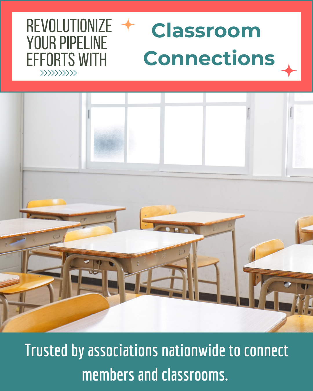 Empty classroom with wooden desks and chairs, bright windows, and an educational banner at the top promoting classroom connections.