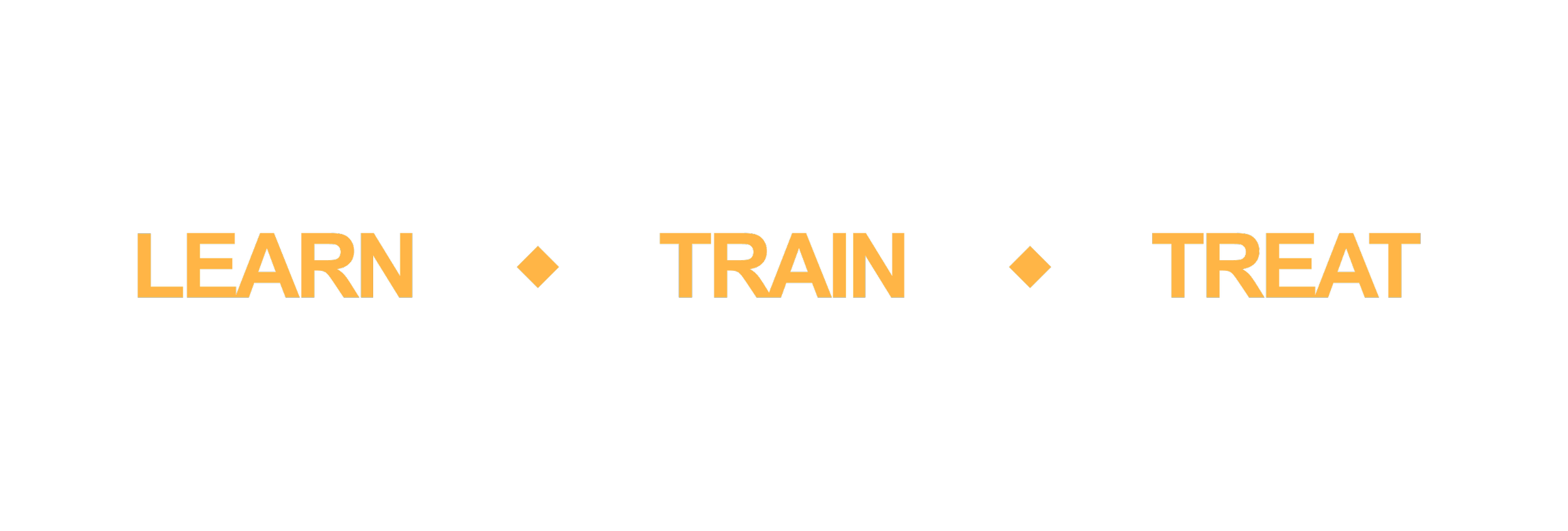 The phrase 'Learn, Train, Treat' in bold orange letters with black background and small diamond shapes between the words.