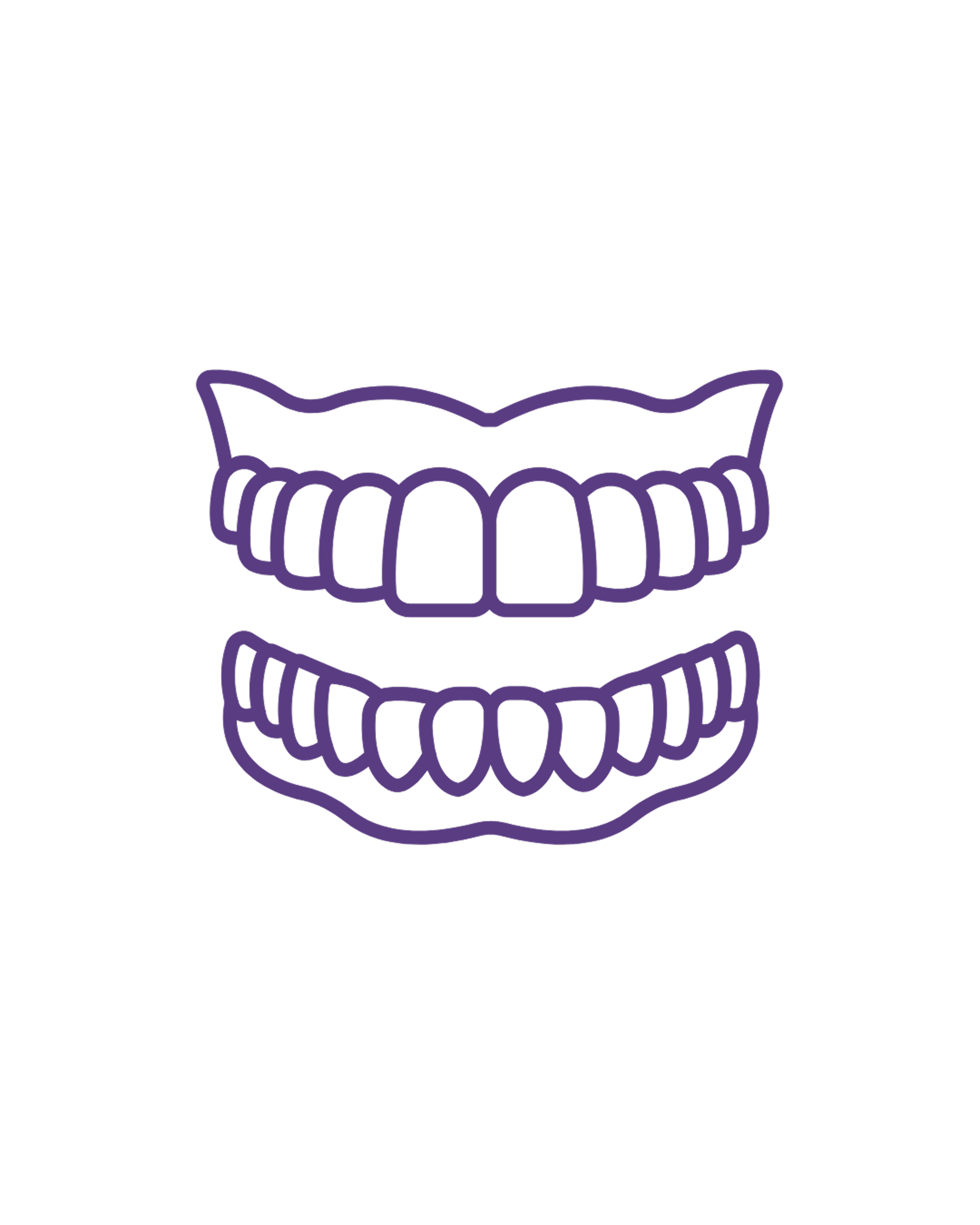 Stylized illustration of an open mouth showing upper and lower teeth in purple outline on a black background.