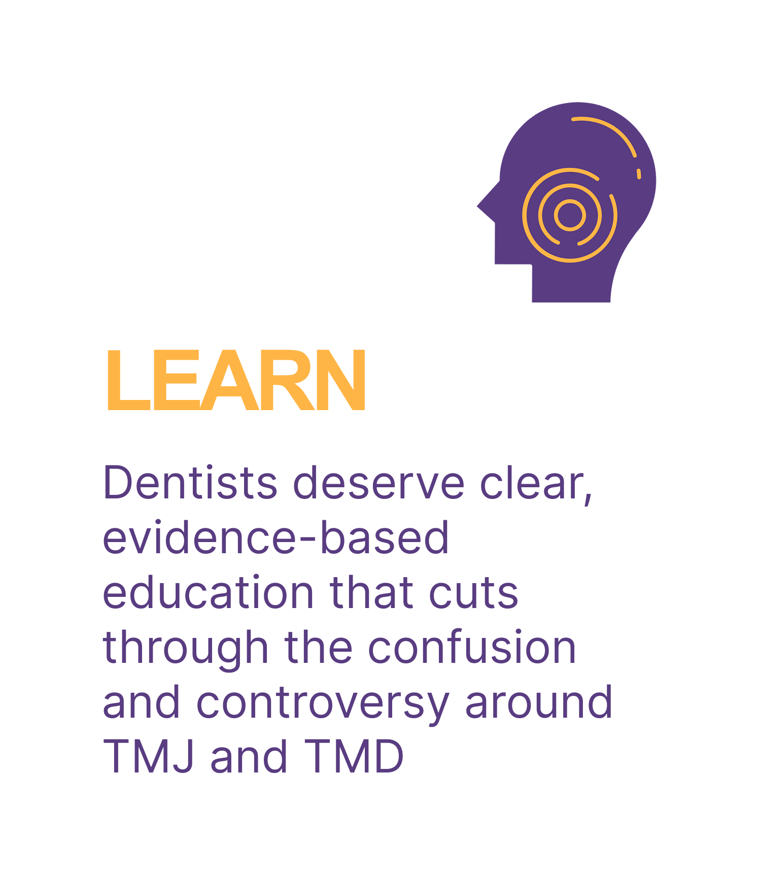 Graphic with text about evidence-based education for dentists, featuring a purple head profile with concentric circles and lines, the word 'LEARN' in orange, and purple text on a white background.