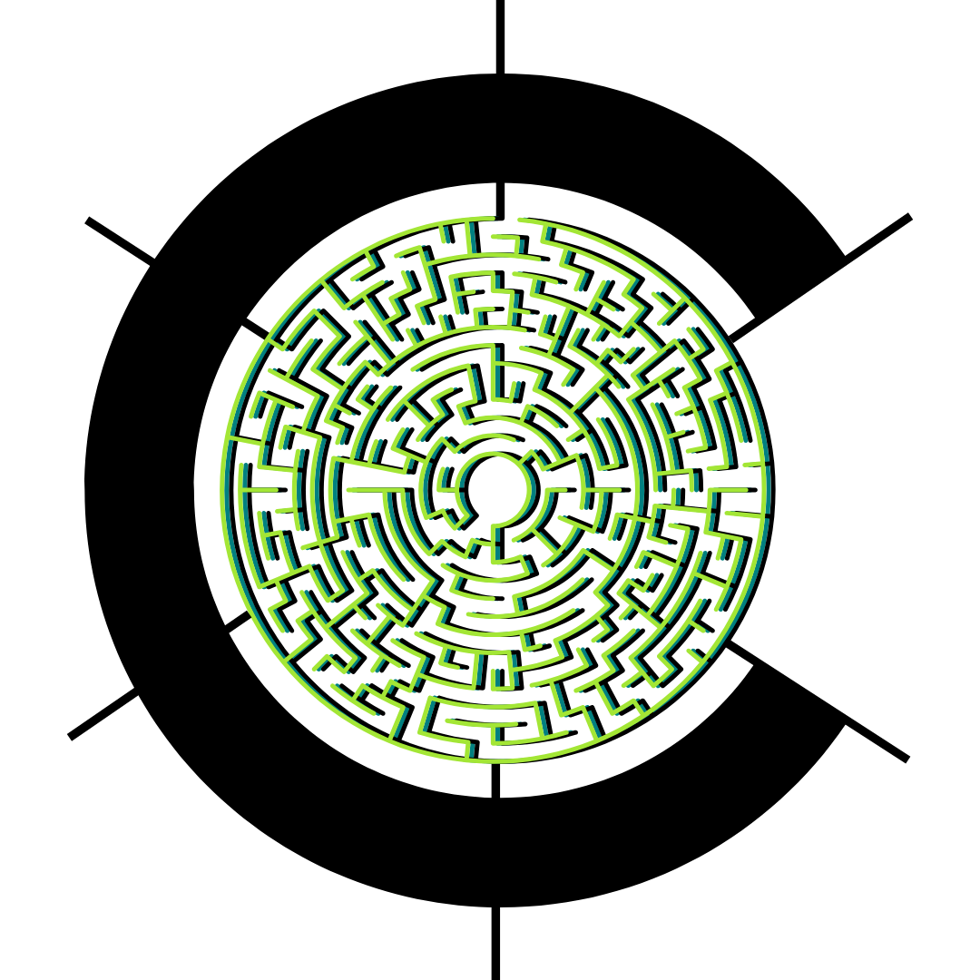 A circular neon maze with green and blue lines on a black background.