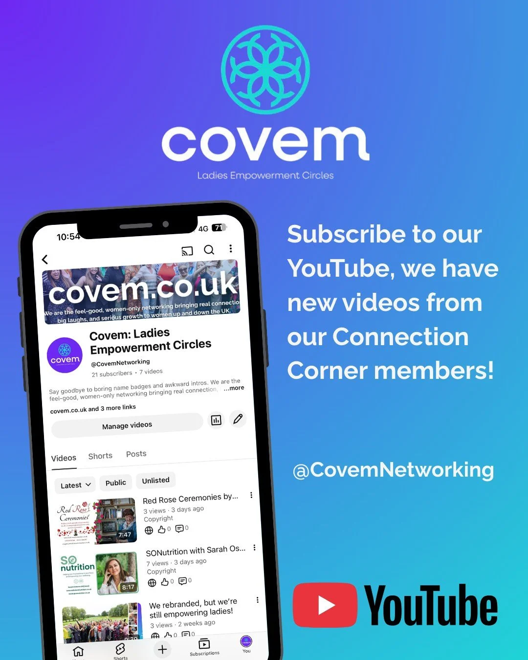 Our YouTube page is all set up and our Connection Corner members videos are being listed!

Please subscribe and share! 

YouTube: @CovemNetworking