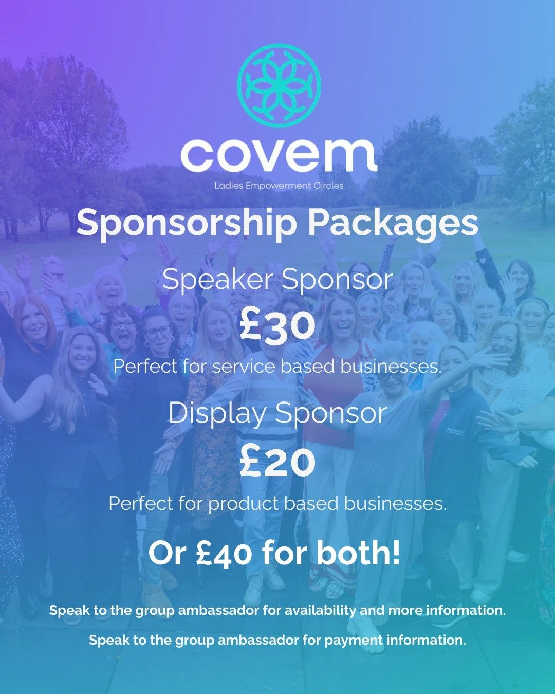 At every Covem group, we have 2 sponsor slots:

Speaker Sponsor:
- An ideal slot for someone who wants to share their story, use the time to show everyone how your business works, to do a demonstration, or even something different like a game.

Displ