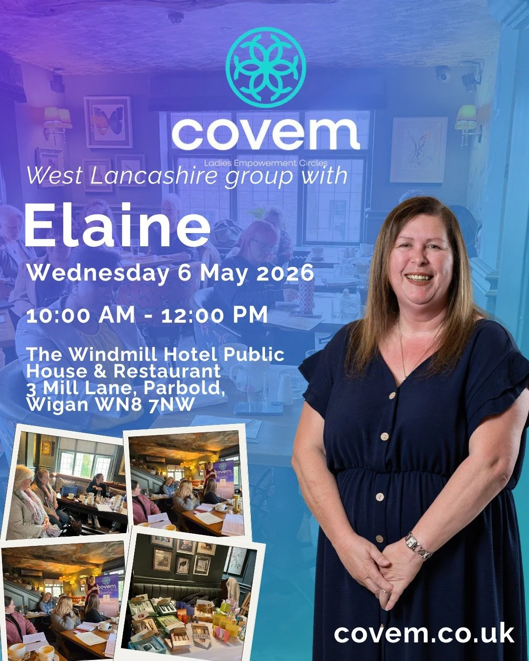 Hello everyone!

Elaine here 👋 

I hope everyone had a wonderful Easter! 

I would like to invite you all to my next Parbold Covem meeting. 

Date
Wednesday 6 May 2026 10:00 AM - 12:00 PM 

Location
The Windmill Hotel Public House &amp; Restaurant
3