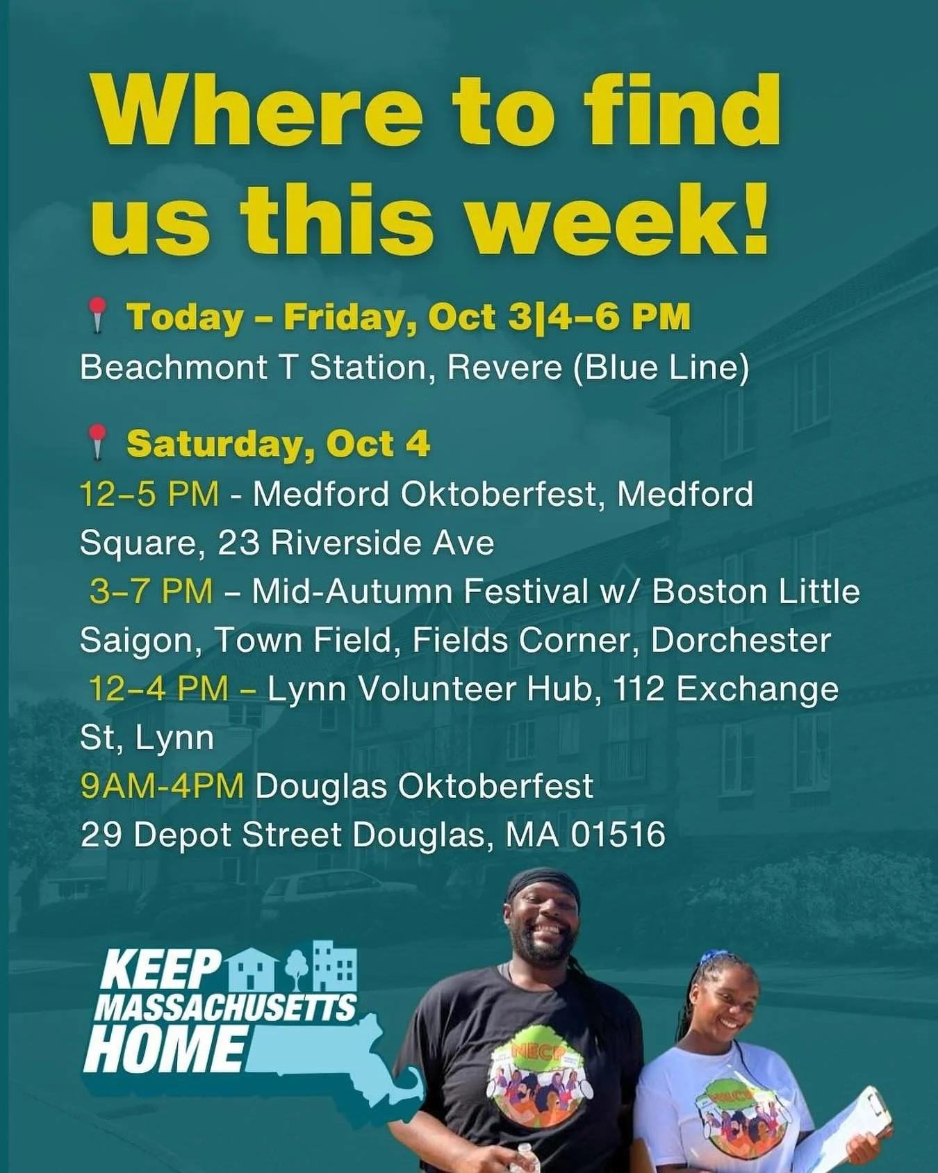 🚨 This weekend, we&rsquo;re everywhere from Revere to Medford to Dorchester to Lynn ! collecting signatures to Keep Mass Home 🏡✍️

Come out and sign our petition!!!