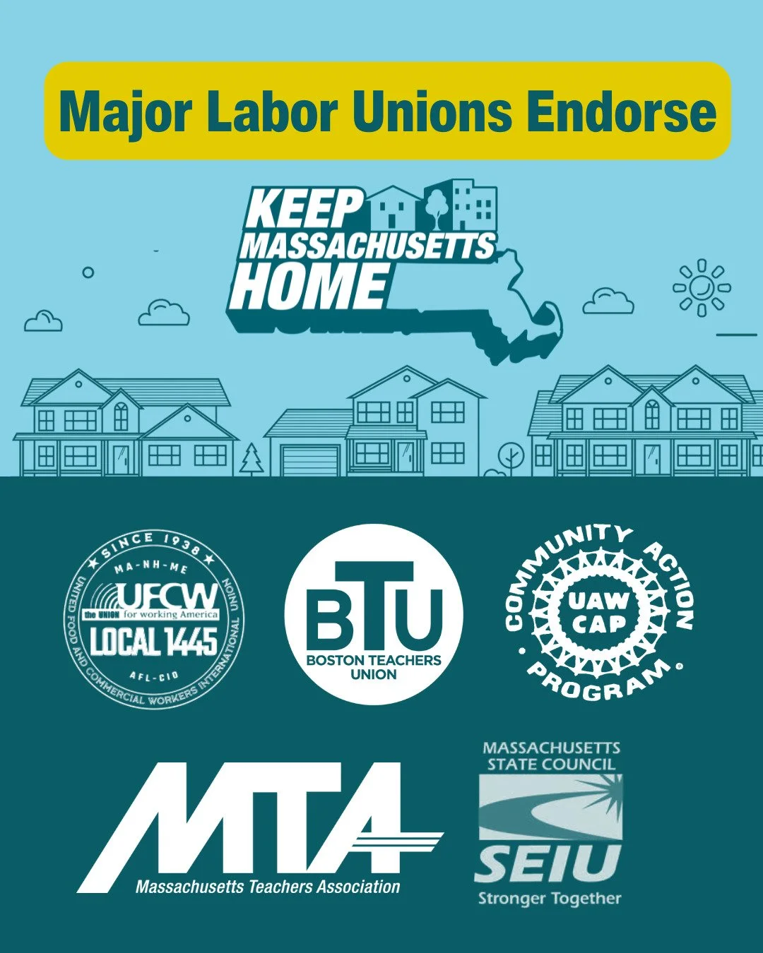 💪🏽 Working people are standing up for rent control!

This week, major labor unions representing over 270,000 Massachusetts workers officially endorsed the Keep Massachusetts Home campaign and joining the fight to put rent stabilization on the 2026 