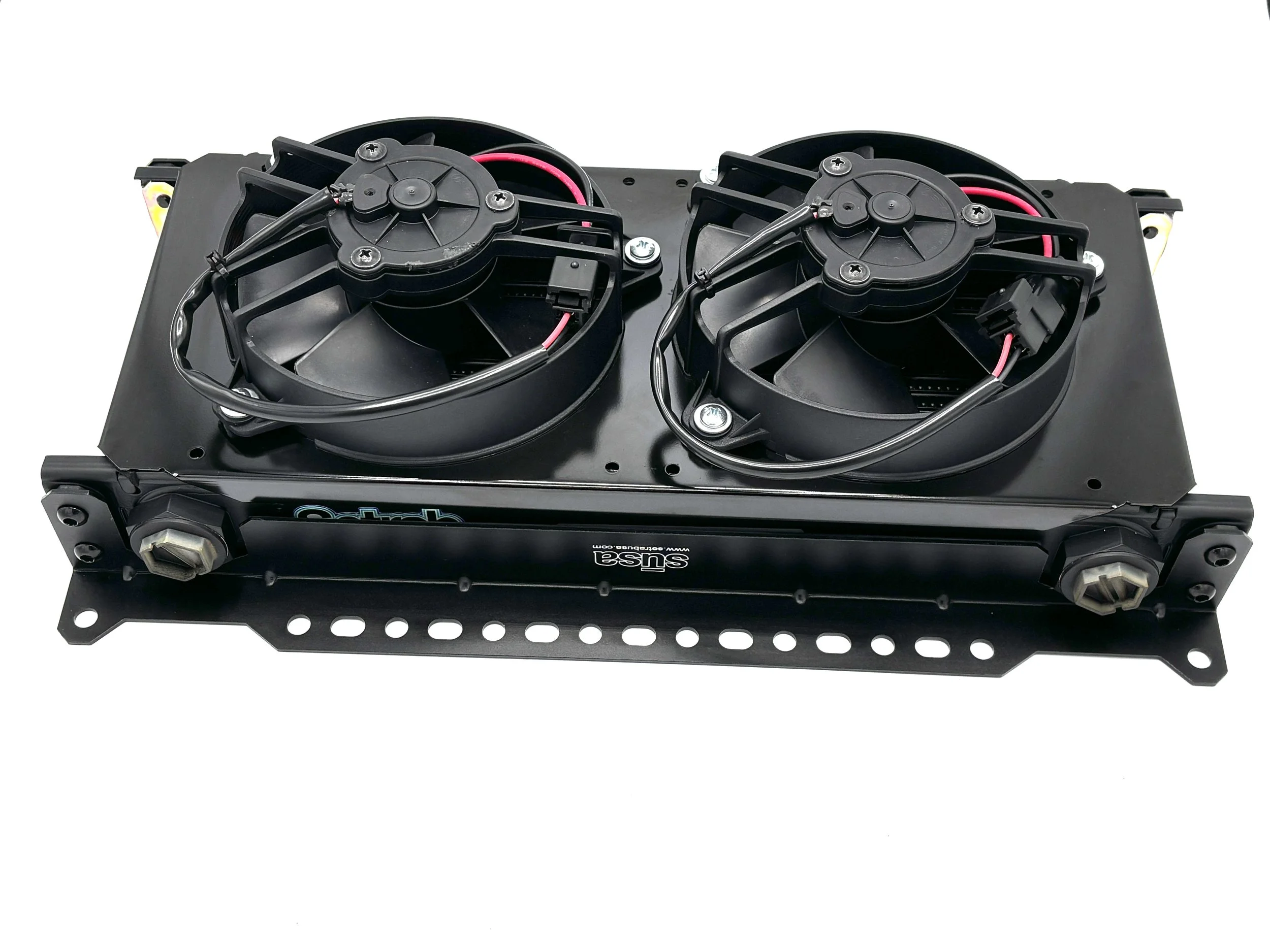 Setrab Cooler Mounting Bracket Kit installed on a oil cooler. Front view.