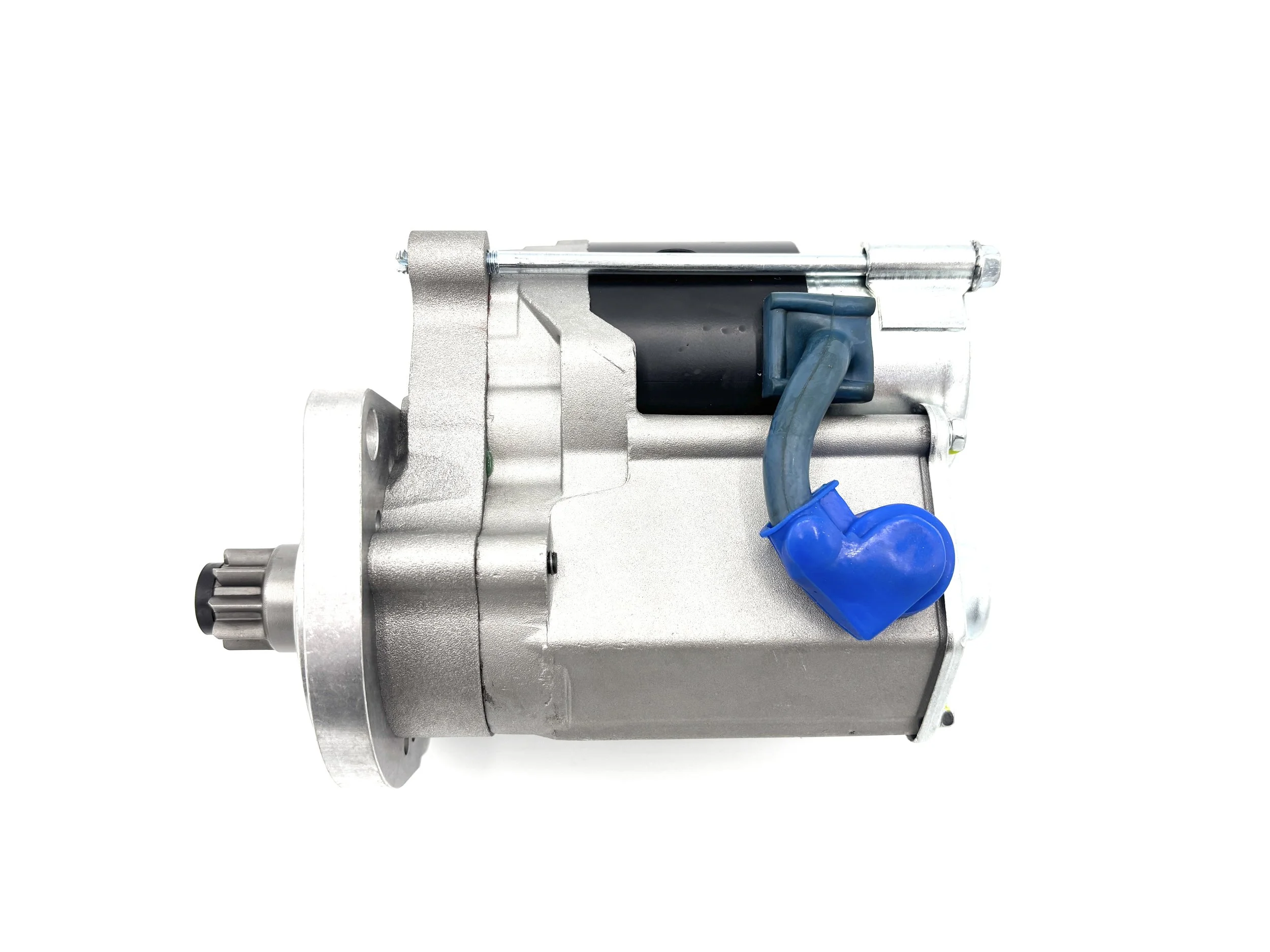 High torque VW gear reduction starter. Silver in color. Side profile. Has blue terminal boot.