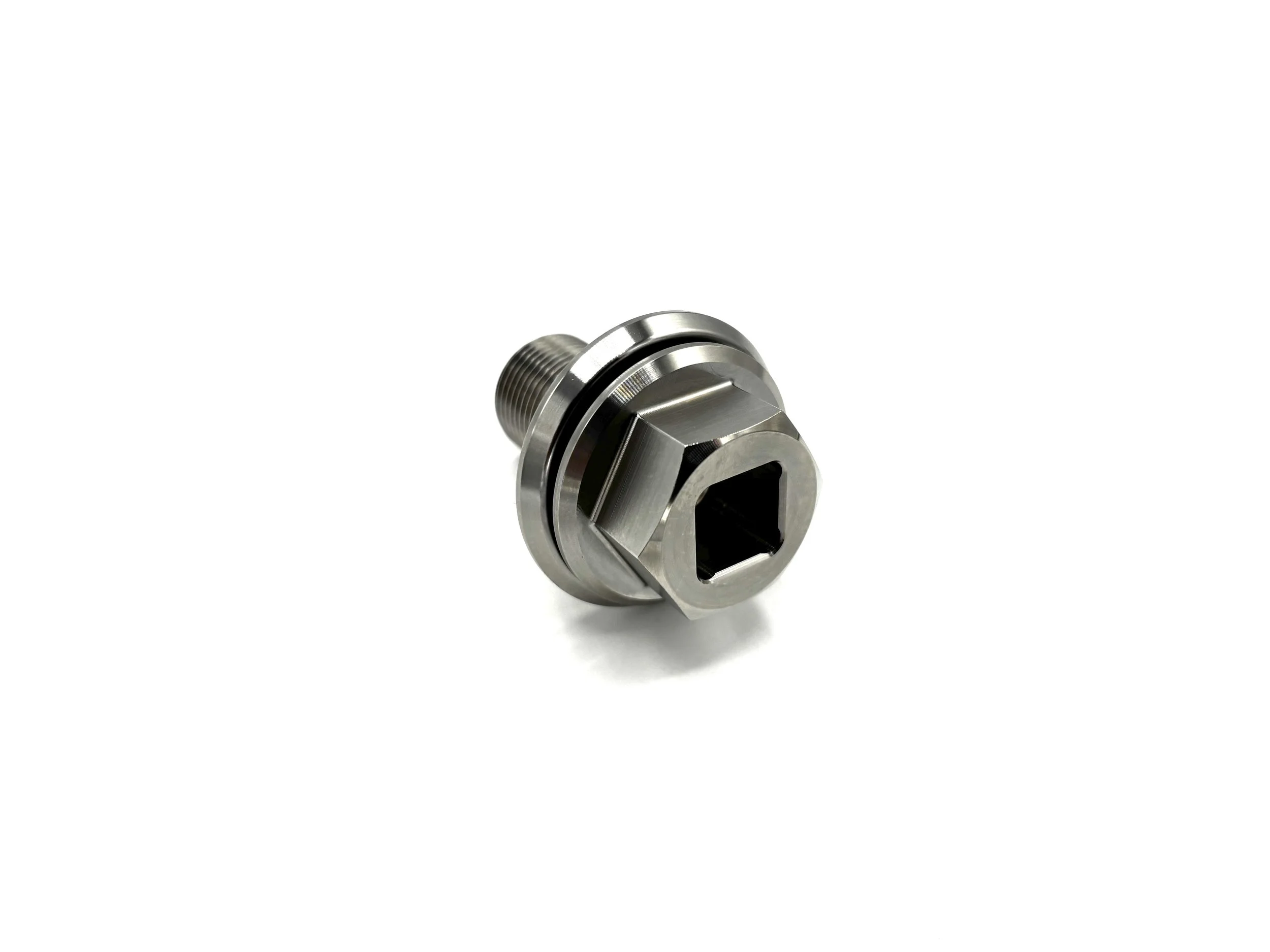 Stainless Steel Bolt. Silver color. Bolt has a square bore in the middle.