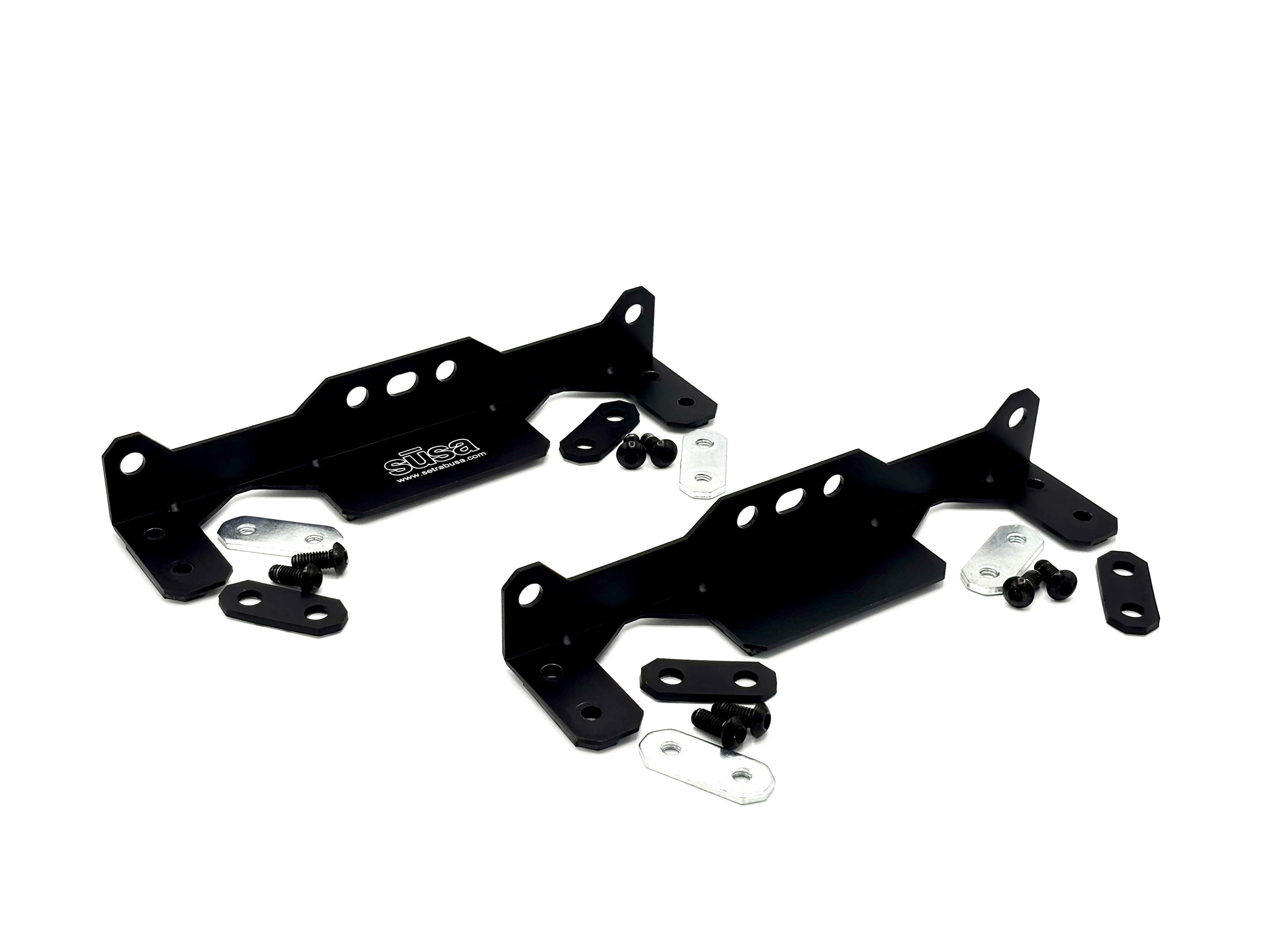 Two Setrab Cooler Mounting Brackets with hardware next to them.