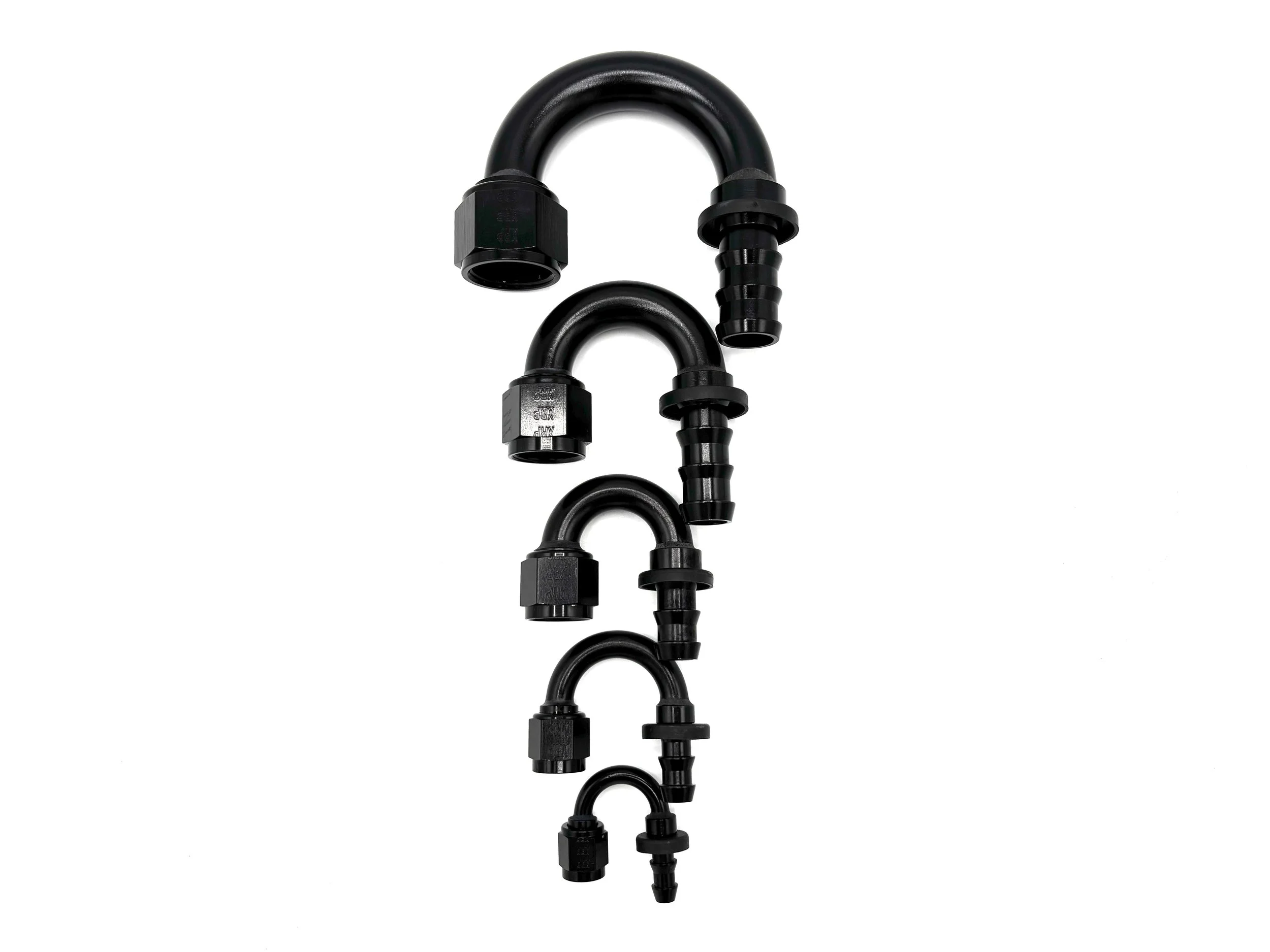 Five 180 Deg. Push Lock Hose End to AN Female fittings black. The bends are going towards the right. They are arranged in a line from largest to smallest.